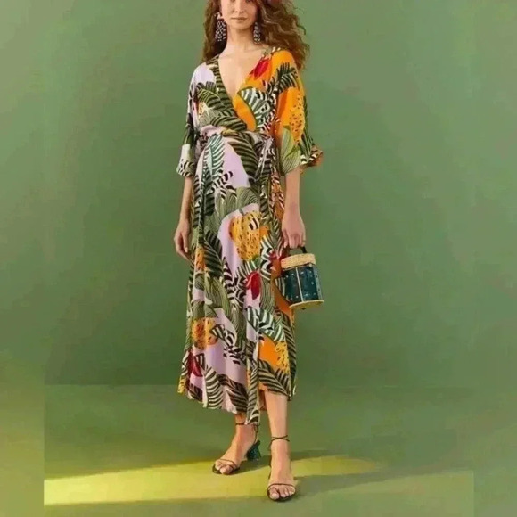 Farm Rio - Mixed Striped Bananas Maxi Wrap Dress Multi - Picture 1 of 13